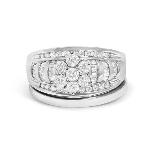 Parure de mariée en or blanc 14 carats avec grappe de diamants ronds et baguettes de 1,0 carat au total