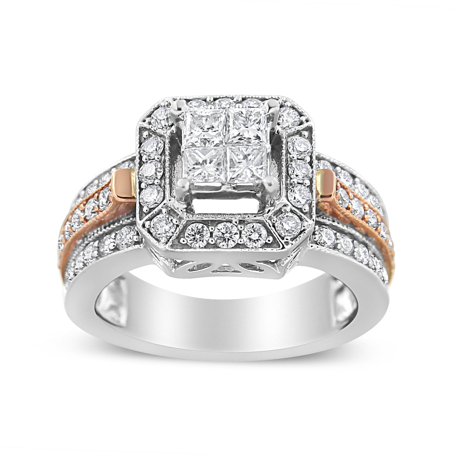 14K White and Rose Gold 1 1/8 Cttw Princess and Round-Cut Diamond Art Deco Style Triple Shank Halo Cocktail Ring (I-J Color, SI2-I1 Clarity) - Size 7