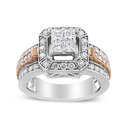 14K White and Rose Gold 1 1/8 Cttw Princess and Round-Cut Diamond Art Deco Style Triple Shank Halo Cocktail Ring (I-J Color, SI2-I1 Clarity) - Size 7