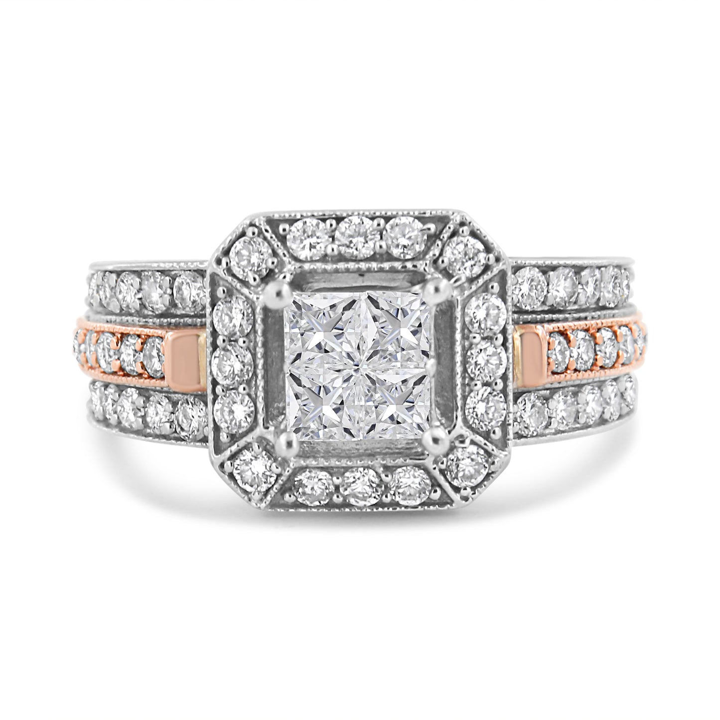 14K White and Rose Gold 1 1/8 Cttw Princess and Round-Cut Diamond Art Deco Style Triple Shank Halo Cocktail Ring (I-J Color, SI2-I1 Clarity) - Size 7