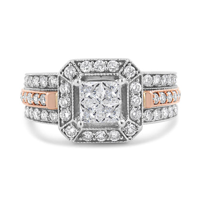 14K White and Rose Gold 1 1/8 Cttw Princess and Round-Cut Diamond Art Deco Style Triple Shank Halo Cocktail Ring (I-J Color, SI2-I1 Clarity) - Size 7