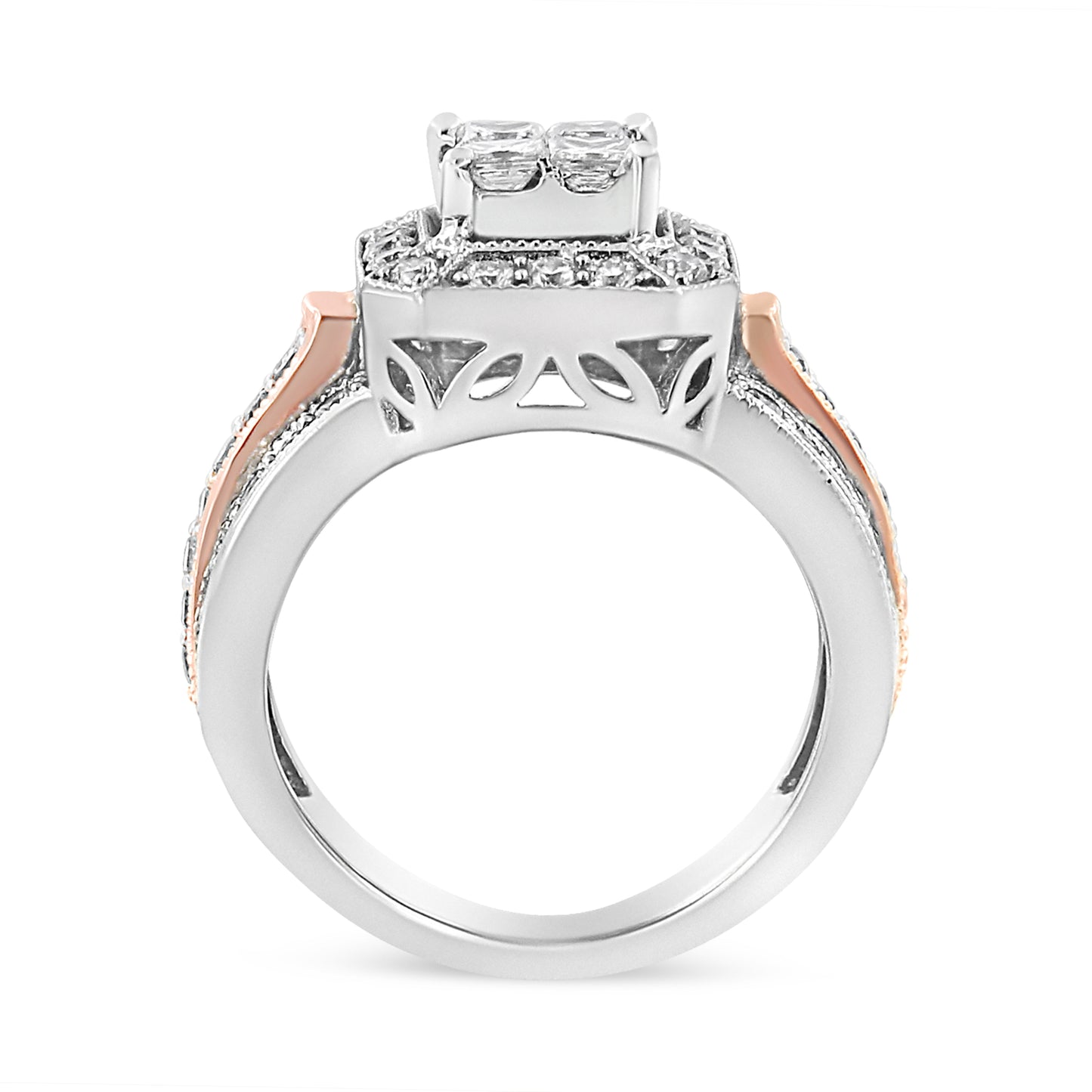 14K White and Rose Gold 1 1/8 Cttw Princess and Round-Cut Diamond Art Deco Style Triple Shank Halo Cocktail Ring (I-J Color, SI2-I1 Clarity) - Size 7