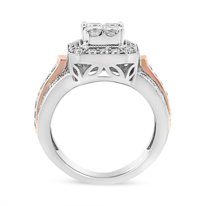 14K White and Rose Gold 1 1/8 Cttw Princess and Round-Cut Diamond Art Deco Style Triple Shank Halo Cocktail Ring (I-J Color, SI2-I1 Clarity) - Size 7