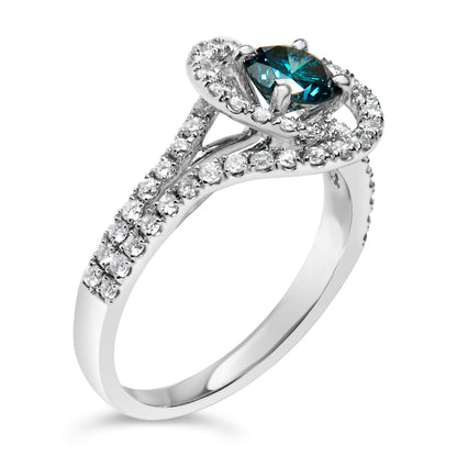 14K White Gold 1-1/3 Cttw White & Blue Diamond Interweaving Double Halo Cocktail Statement Ring (G-H and Fancy Blue Color, SI2-I1 Clarity) - Size 6