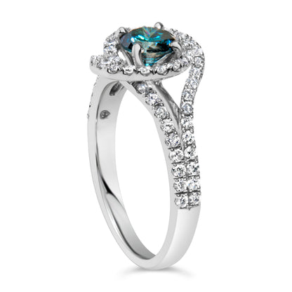 14K White Gold 1-1/3 Cttw White & Blue Diamond Interweaving Double Halo Cocktail Statement Ring (G-H and Fancy Blue Color, SI2-I1 Clarity) - Size 6