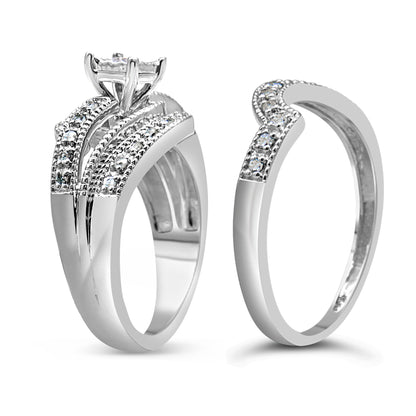 .925 Sterling Silver 1/3 Cttw Round Diamond Crisscross Engagement Ring Bridal Set (H-I Color, I1-I2 Clarity ) - Size 7