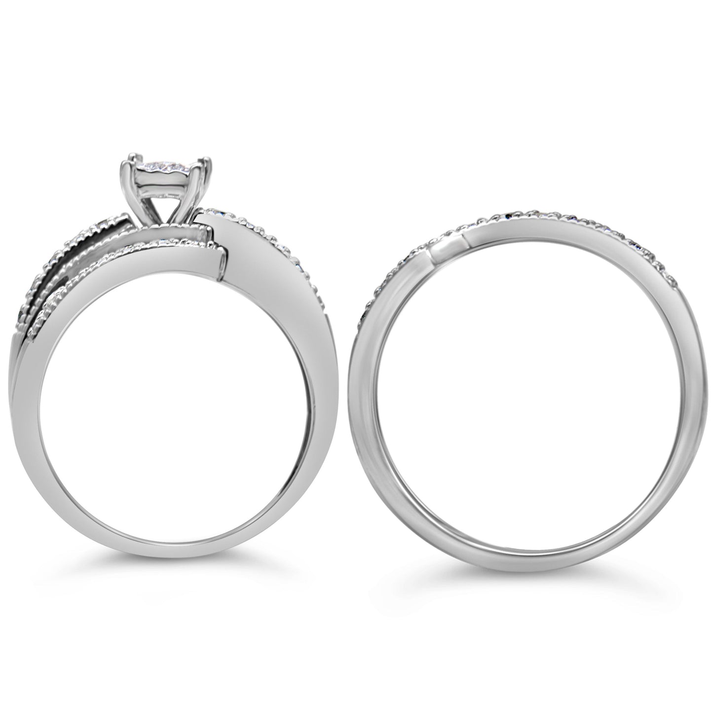 .925 Sterling Silver 1/3 Cttw Round Diamond Crisscross Engagement Ring Bridal Set (H-I Color, I1-I2 Clarity ) - Size 7