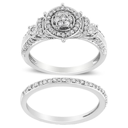 .925 Sterling Silver 1/3 Cttw Diamond 7 Stone Cluster and Halo Engagement Ring and Wedding Band Set (I-J Color, I1-I2 Clarity) - Size 7