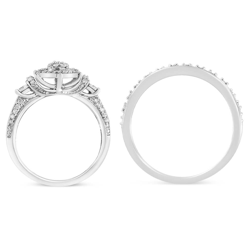 .925 Sterling Silver 1/3 Cttw Diamond 7 Stone Cluster and Halo Engagement Ring and Wedding Band Set (I-J Color, I1-I2 Clarity) - Size 7