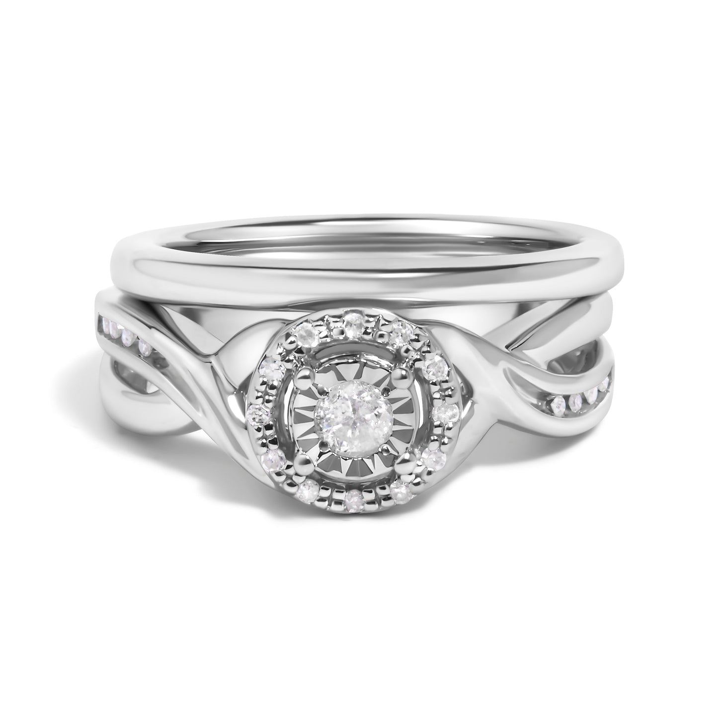 .925 Sterling Silver 1/7 Cttw Diamond Halo Bypass Engagement Ring and Wedding Band Set (I-J Color, I3 Clarity)- Size 7