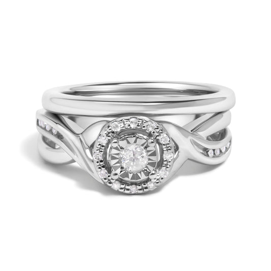 .925 Sterling Silver 1/7 Cttw Diamond Halo Bypass Engagement Ring and Wedding Band Set (I-J Color, I3 Clarity)- Size 7