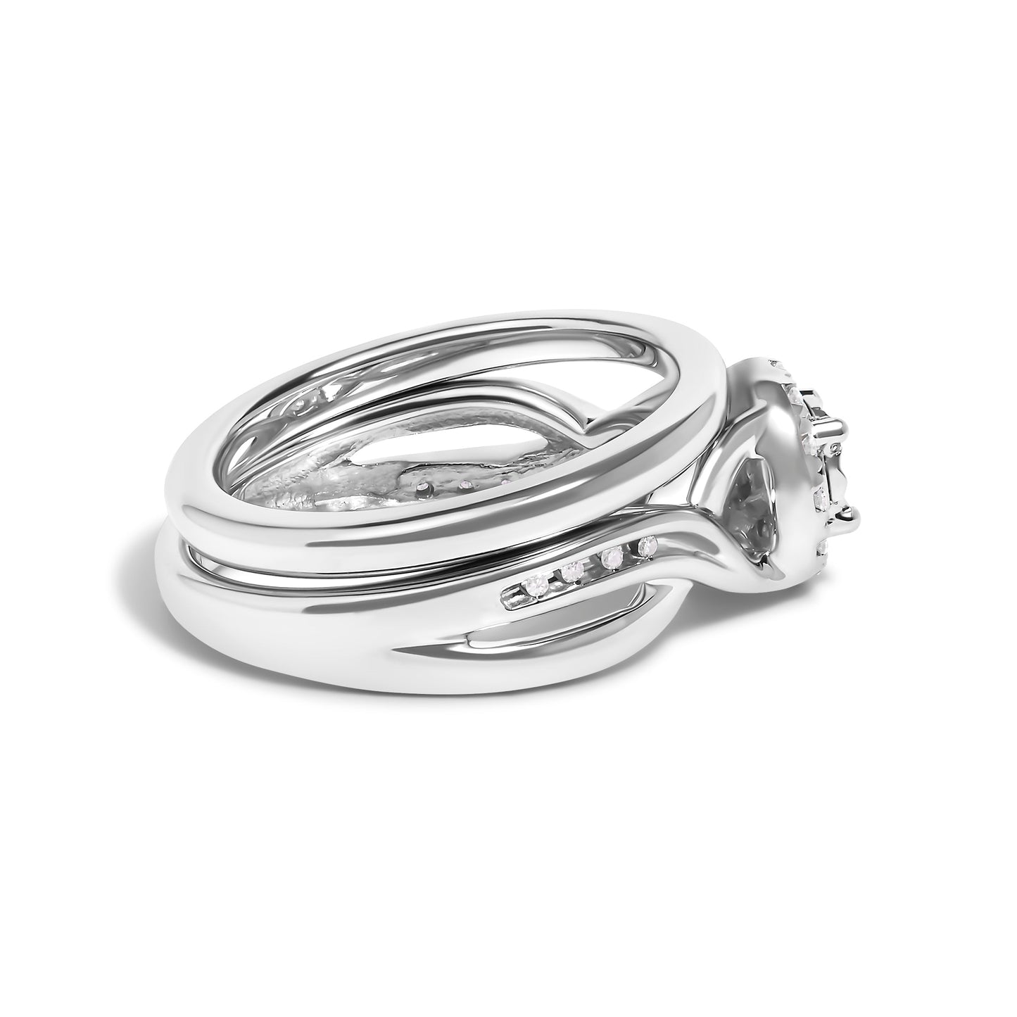 .925 Sterling Silver 1/7 Cttw Diamond Halo Bypass Engagement Ring and Wedding Band Set (I-J Color, I3 Clarity)- Size 7