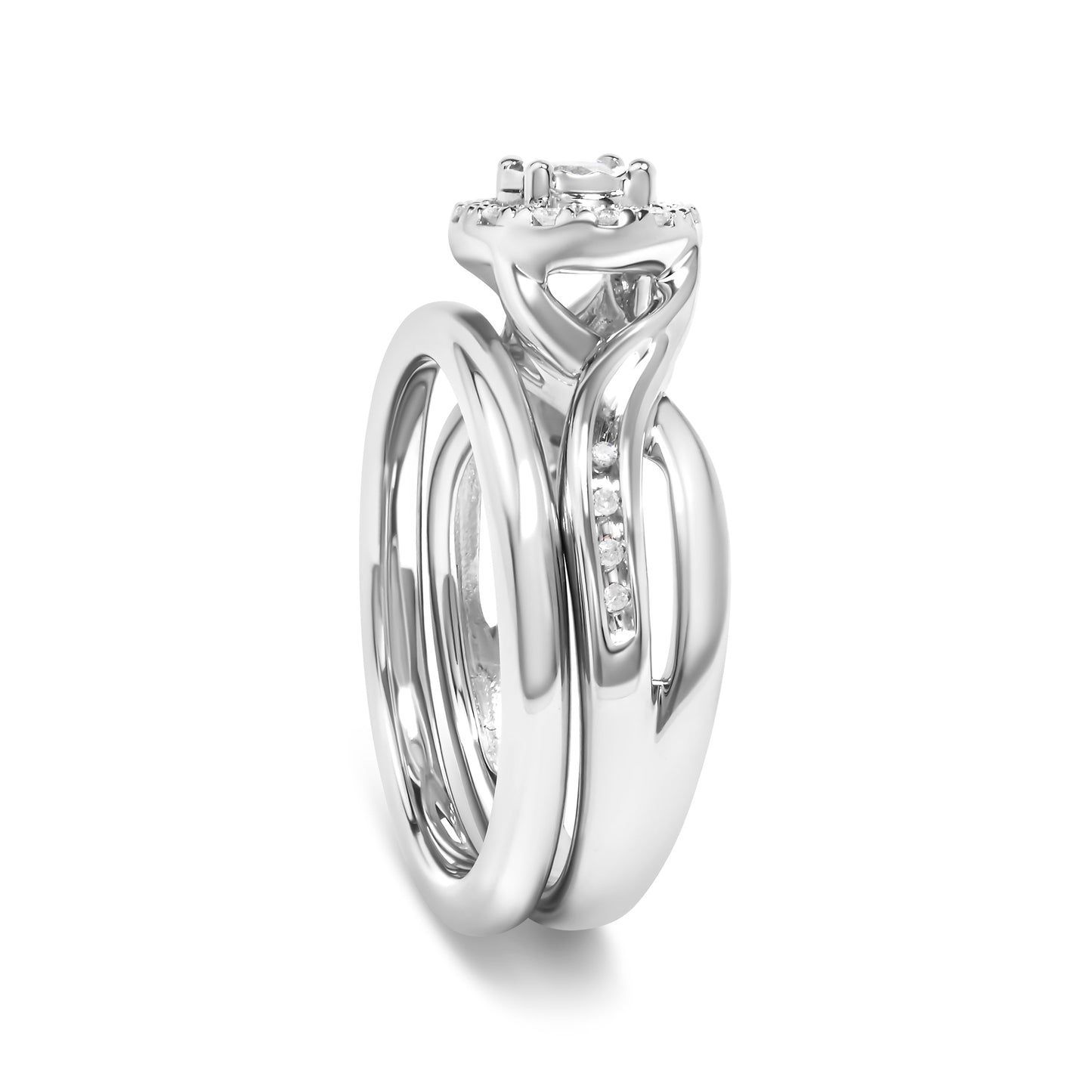 .925 Sterling Silver 1/7 Cttw Diamond Halo Bypass Engagement Ring and Wedding Band Set (I-J Color, I3 Clarity)- Size 7