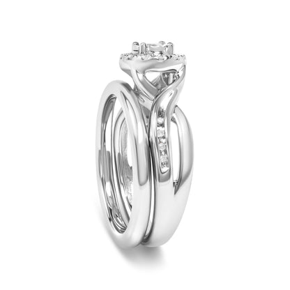 .925 Sterling Silver 1/7 Cttw Diamond Halo Bypass Engagement Ring and Wedding Band Set (I-J Color, I3 Clarity)- Size 7