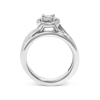 .925 Sterling Silver 1/7 Cttw Diamond Halo Bypass Engagement Ring and Wedding Band Set (I-J Color, I3 Clarity)- Size 7