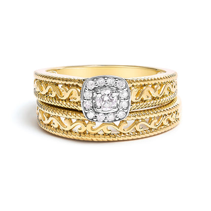 14K Yellow Gold Plated .925 Sterling Silver 1/5 Cttw Diamond Halo and Milgrain Finish Engagement Ring Bridal Set (I-J Color I3 Clarity) - Size 7