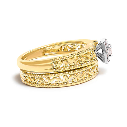 14K Yellow Gold Plated .925 Sterling Silver 1/5 Cttw Diamond Halo and Milgrain Finish Engagement Ring Bridal Set (I-J Color I3 Clarity) - Size 7