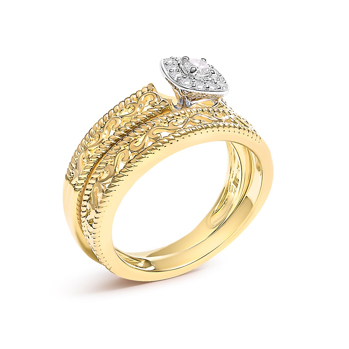14K Yellow Gold Plated .925 Sterling Silver 1/5 Cttw Diamond Halo and Milgrain Finish Engagement Ring Bridal Set (I-J Color I3 Clarity) - Size 7