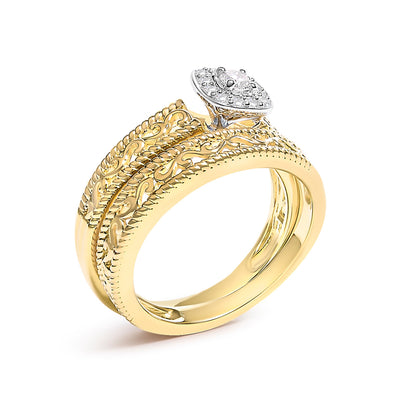 14K Yellow Gold Plated .925 Sterling Silver 1/5 Cttw Diamond Halo and Milgrain Finish Engagement Ring Bridal Set (I-J Color I3 Clarity) - Size 7