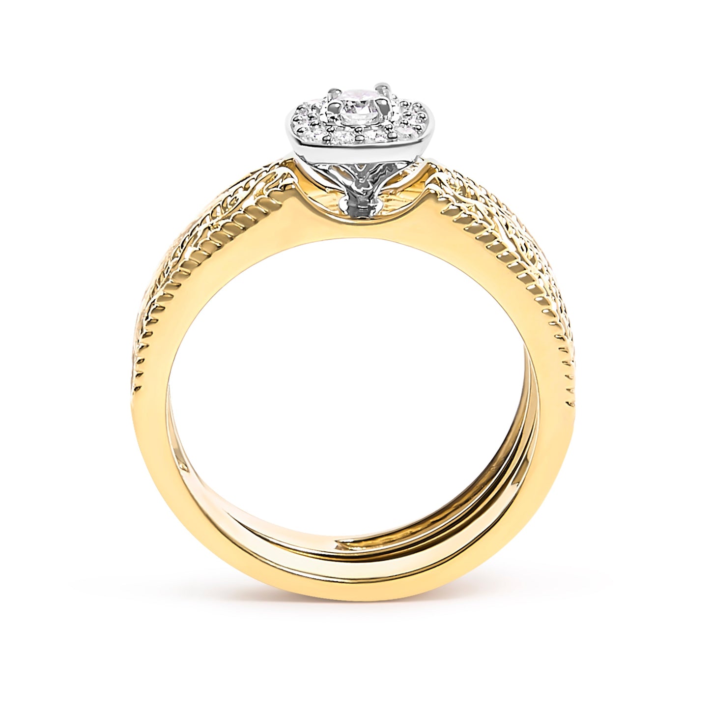 14K Yellow Gold Plated .925 Sterling Silver 1/5 Cttw Diamond Halo and Milgrain Finish Engagement Ring Bridal Set (I-J Color I3 Clarity) - Size 7