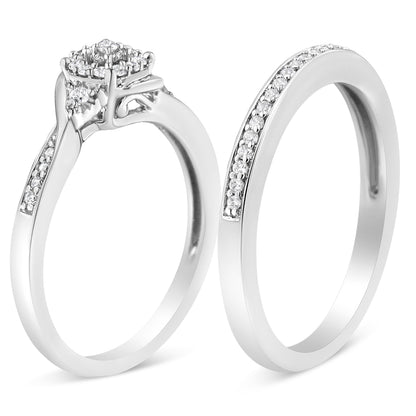 .925 Sterling Silver 1/4 Cttw Diamond Halo and Swirl Engagement Ring and Wedding Band Set (I-J Color, I3 Clarity)- Ring Size 7