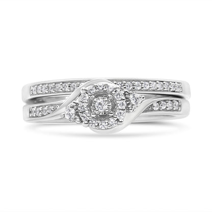 .925 Sterling Silver 1/4 Cttw Diamond Halo and Swirl Engagement Ring and Wedding Band Set (I-J Color, I3 Clarity)- Ring Size 7