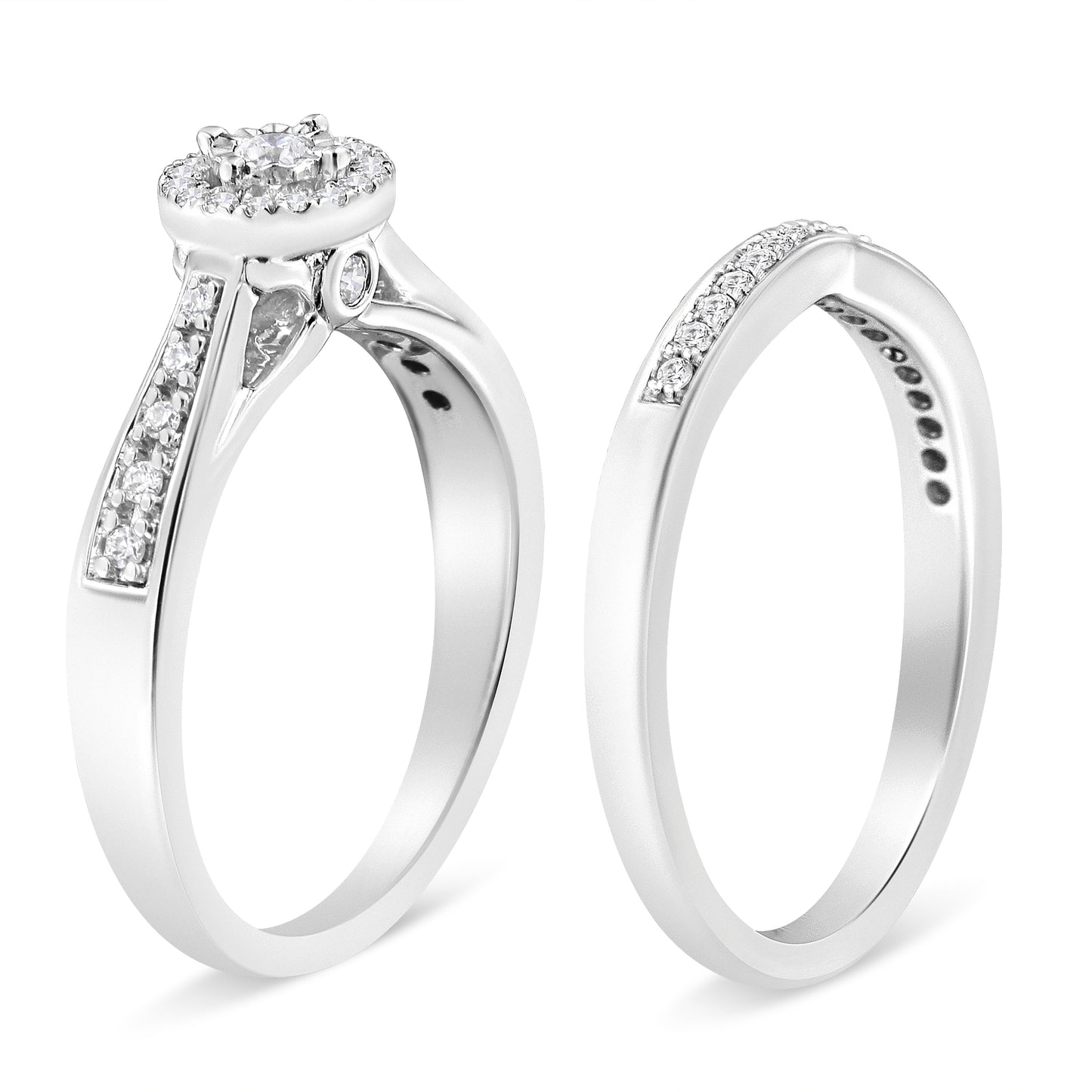 .925 Sterling Silver 1/3 Cttw Diamond Halo and Pave Shank Engagement Ring Set (I-J Color, I3 Clarity) - Ring Size 7