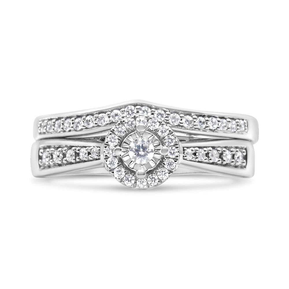 .925 Sterling Silver 1/3 Cttw Diamond Halo and Pave Shank Engagement Ring Set (I-J Color, I3 Clarity) - Ring Size 7