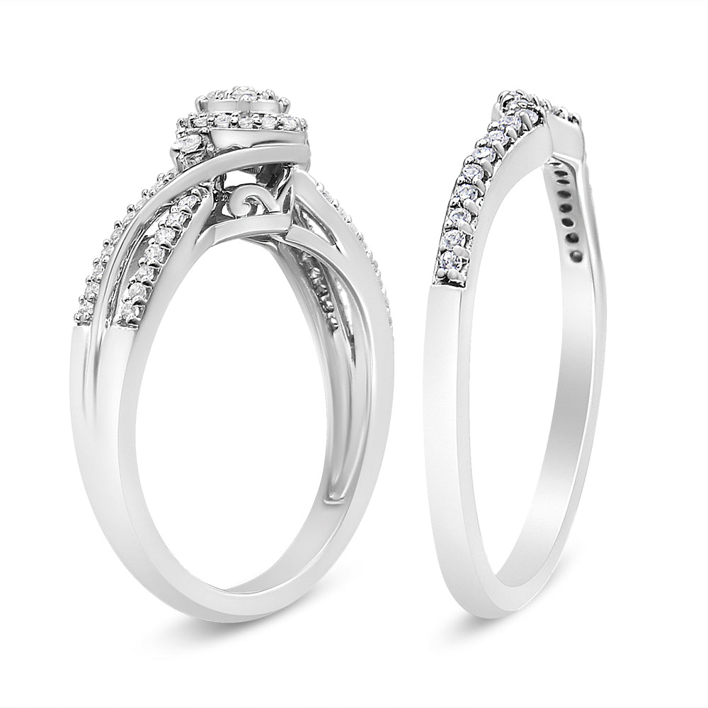 .925 Sterling Silver 1/3 Cttw Composite Diamond Frame Bypass Bridal Set Ring and Band (I-J Color, I2-I3 Clarity) - Ring Size 7