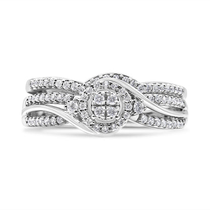 .925 Sterling Silver 1/3 Cttw Composite Diamond Frame Bypass Bridal Set Ring and Band (I-J Color, I2-I3 Clarity) - Ring Size 7