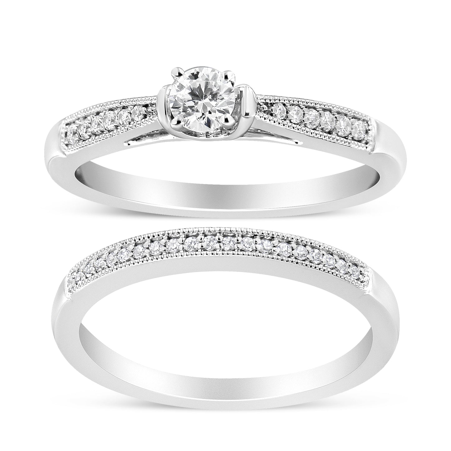.925 Sterling Silver 1/3 Cttw Diamond Classic Engagement Ring Bridal Set with Milgrain (I-J Color, I3 Clarity) - Ring Size 7