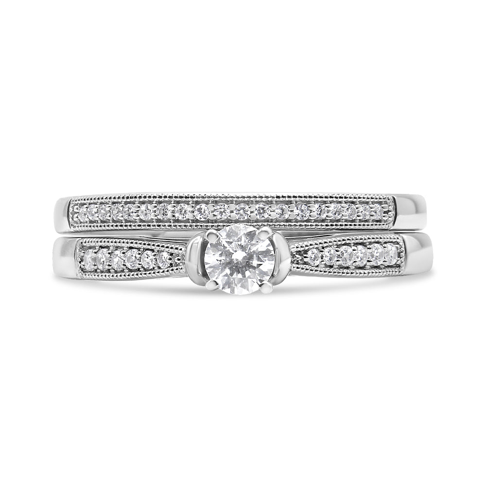 .925 Sterling Silver 1/3 Cttw Diamond Classic Engagement Ring Bridal Set with Milgrain (I-J Color, I3 Clarity) - Ring Size 7