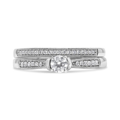 .925 Sterling Silver 1/3 Cttw Diamond Classic Engagement Ring Bridal Set with Milgrain (I-J Color, I3 Clarity) - Ring Size 7