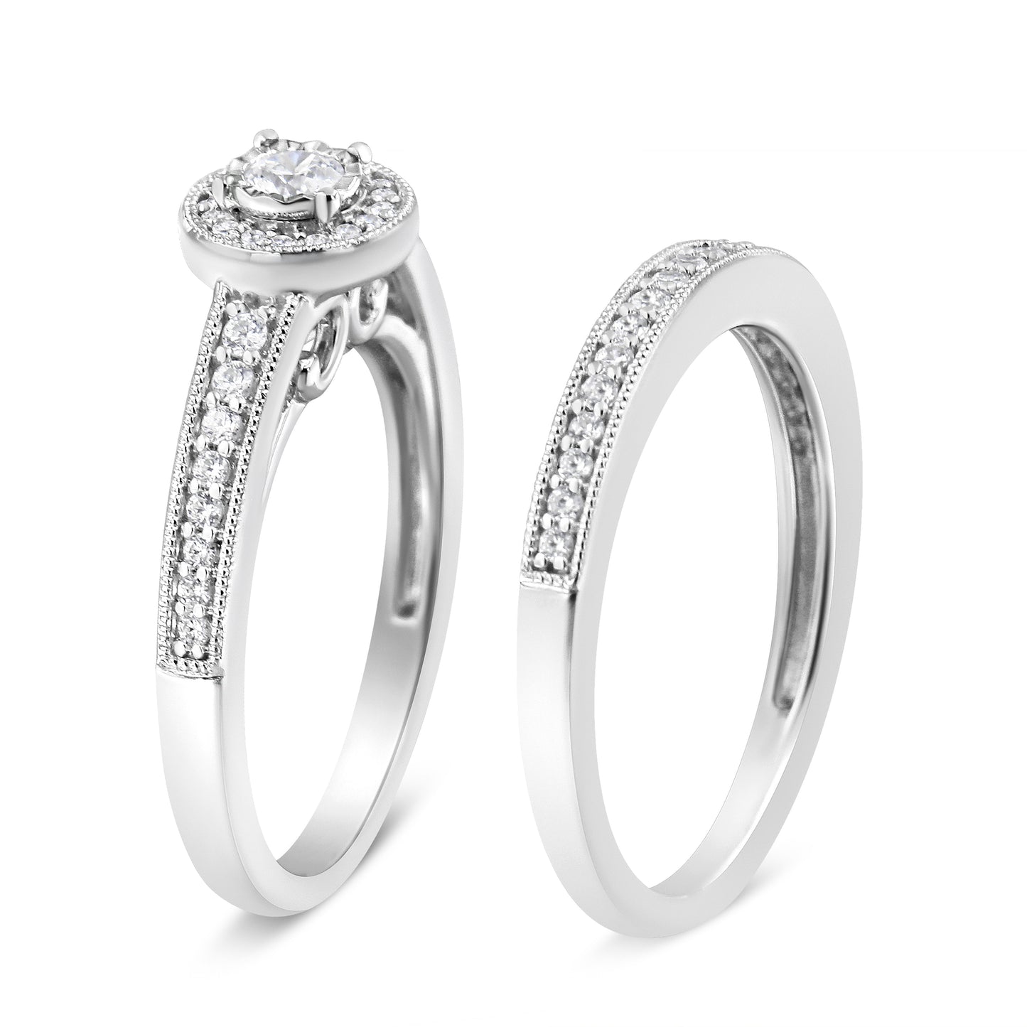 .925 Sterling Silver 1/2 Ctw Diamond Halo and Milgrain Engagement Ring Bridal Set (I-J Color, I3 Clarity) - Ring Size 7