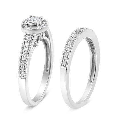.925 Sterling Silver 1/2 Ctw Diamond Halo and Milgrain Engagement Ring Bridal Set (I-J Color, I3 Clarity) - Ring Size 7