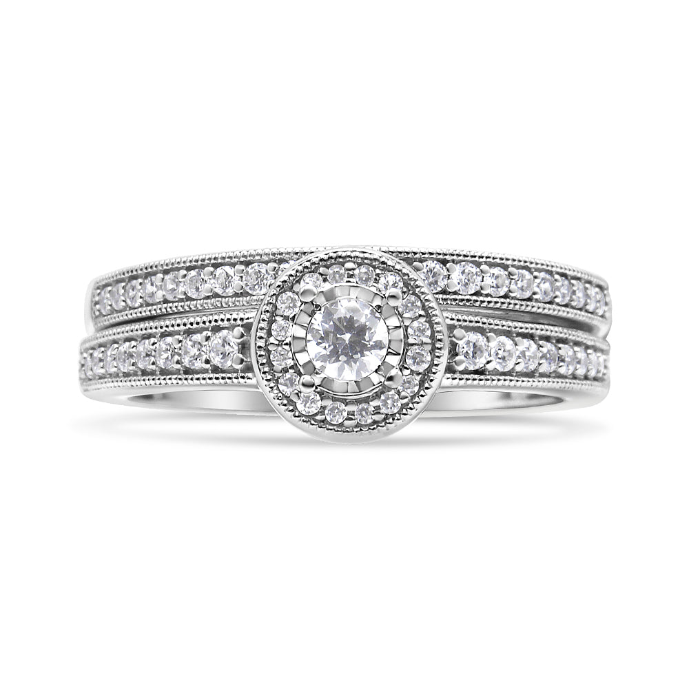 .925 Sterling Silver 1/2 Ctw Diamond Halo and Milgrain Engagement Ring Bridal Set (I-J Color, I3 Clarity) - Ring Size 7