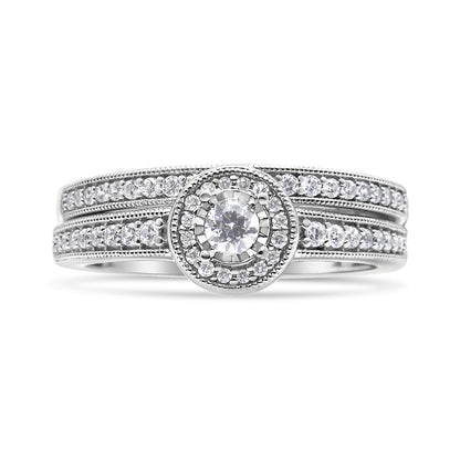 .925 Sterling Silver 1/2 Ctw Diamond Halo and Milgrain Engagement Ring Bridal Set (I-J Color, I3 Clarity) - Ring Size 7