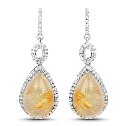 10.04 Carat Genuine Golden Rutile And White Topaz .925 Sterling Silver Earrings