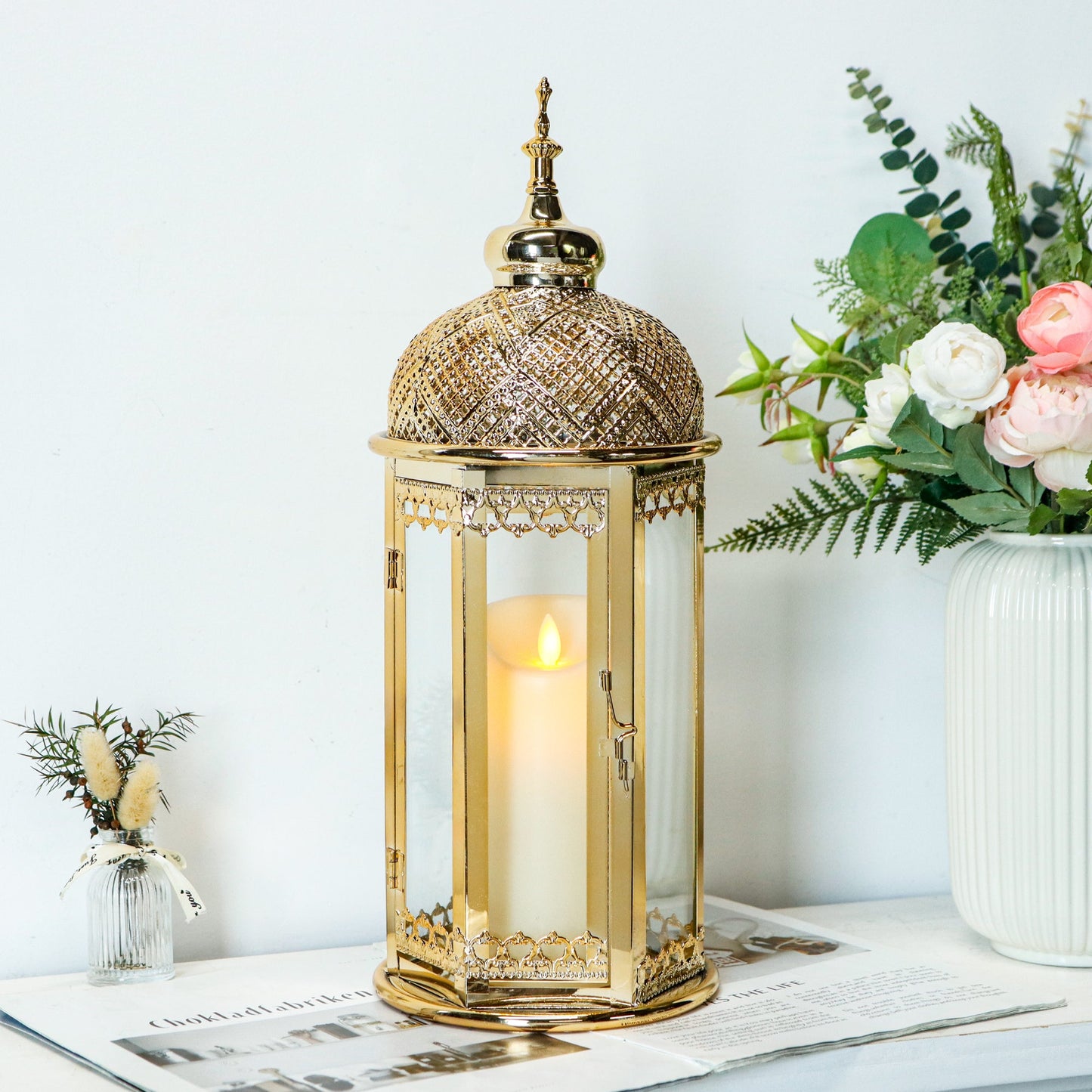 Moroccan Candle Lantern 37cm High Gold Candle Holder with Tempered Glass （40pcs）