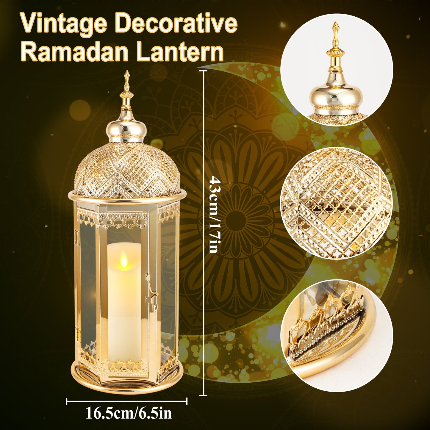 Moroccan Candle Lantern 37cm High Gold Candle Holder with Tempered Glass （40pcs）
