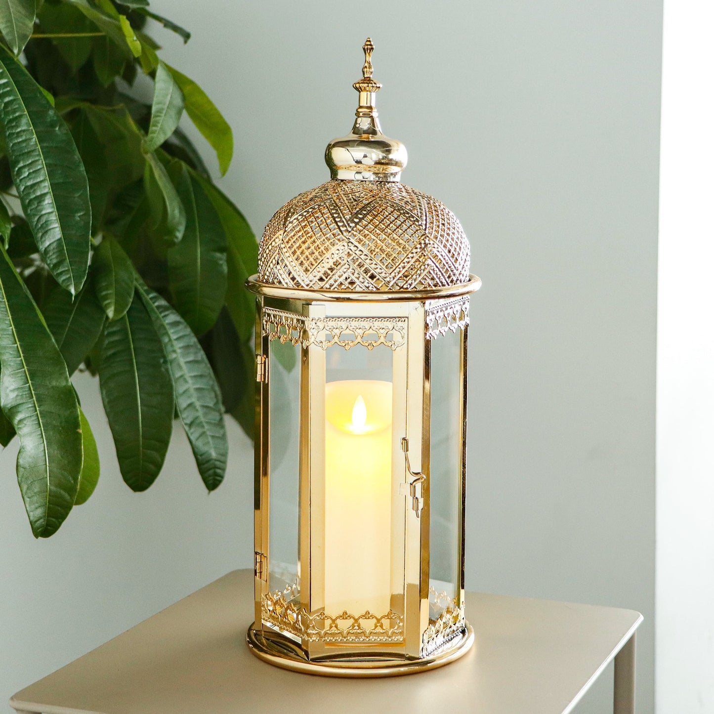 Moroccan Candle Lantern 37cm High Gold Candle Holder with Tempered Glass （40pcs）