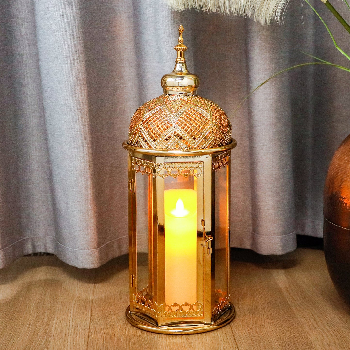 Moroccan Candle Lantern 37cm High Gold Candle Holder with Tempered Glass （40pcs）