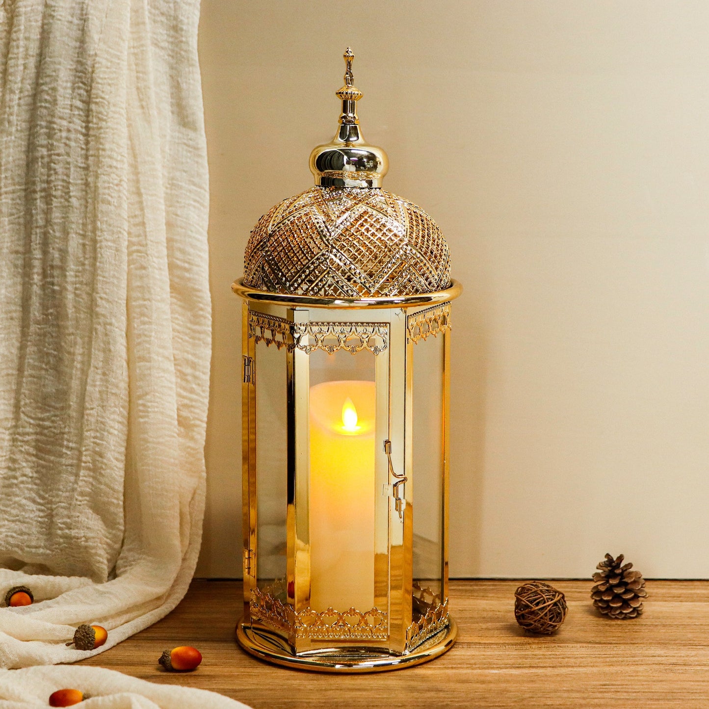 Moroccan Candle Lantern 37cm High Gold Candle Holder with Tempered Glass （40pcs）