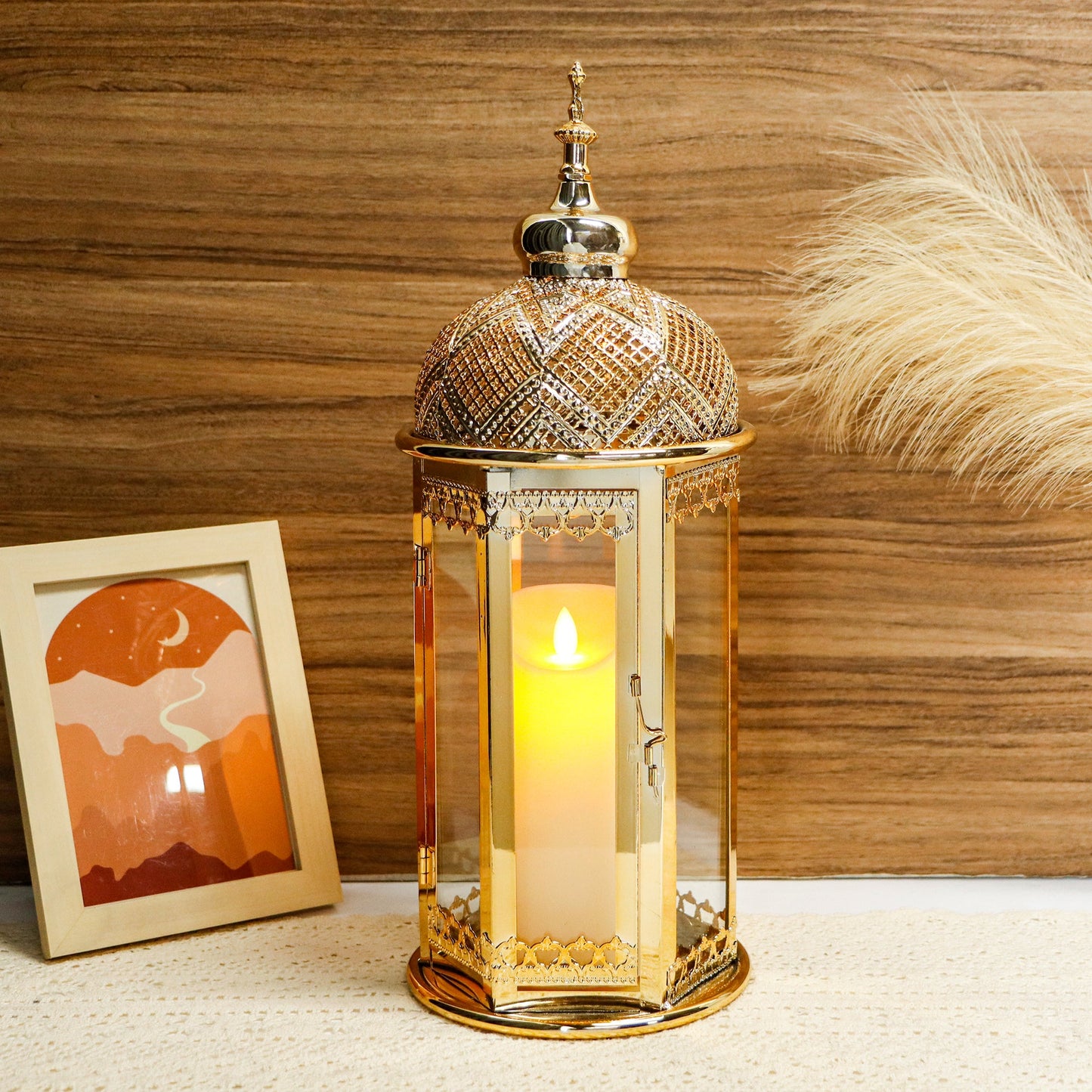 Moroccan Candle Lantern 37cm High Gold Candle Holder with Tempered Glass （40pcs）