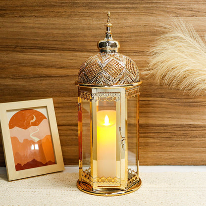 Moroccan Candle Lantern 37cm High Gold Candle Holder with Tempered Glass （40pcs）