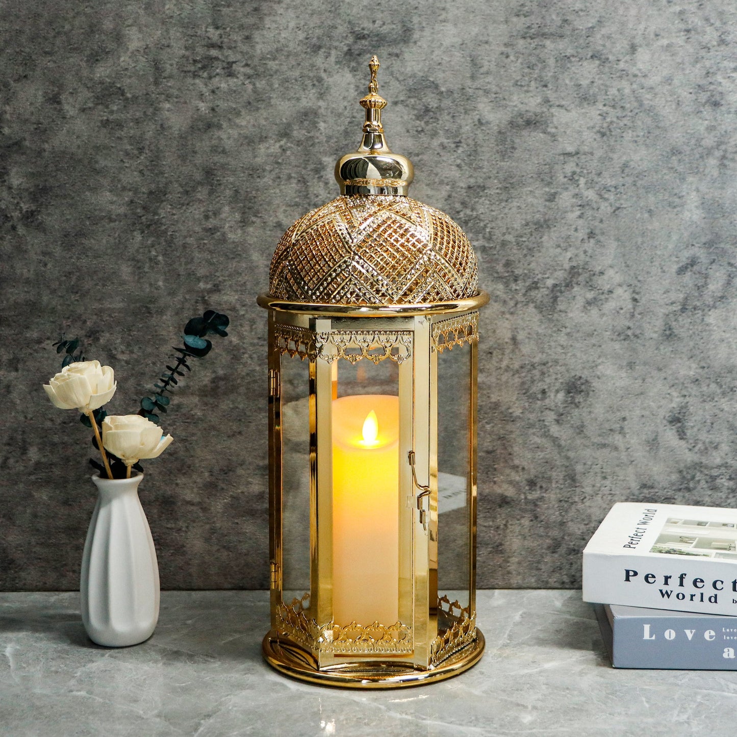 Moroccan Candle Lantern 37cm High Gold Candle Holder with Tempered Glass （40pcs）