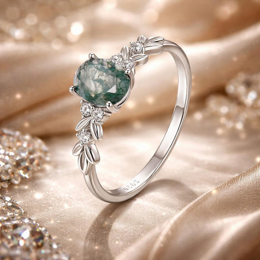 925 Sterling Silver Agate and CZ Pendant Ring Size 6 for Women