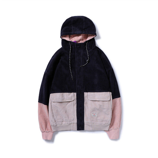 Chaqueta con capucha de pana estilo hip-hop con retazos para parejas
