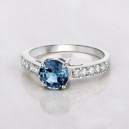 1.90 Carat Genuine Blue Sapphire and White Diamond 14K White Gold Ring