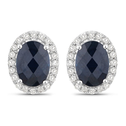 2.16 Carat Genuine Blue Sapphire and White Diamond 14K White Gold Earrings